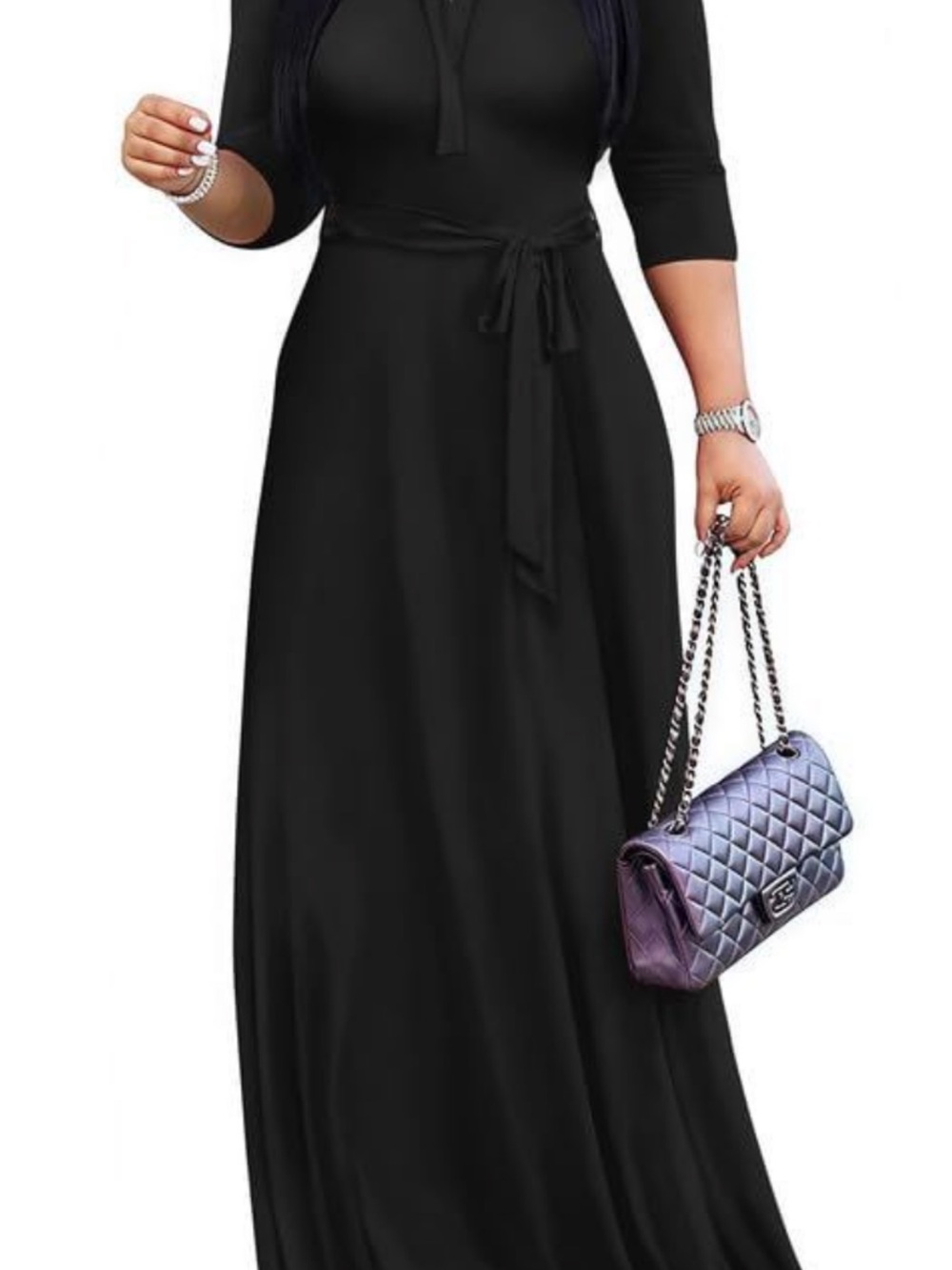 Elegant Black Maxi Dress with Waist Tie